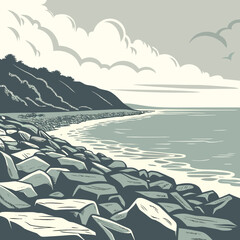 Angular vector graphic of a rocky coastline landscape, abstract geometric sea and rock shapes © harun