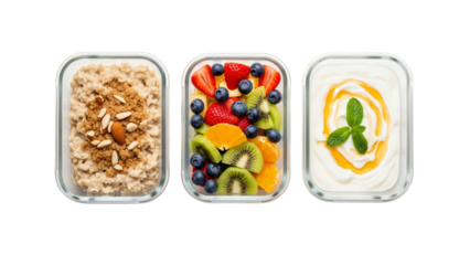 Assorted healthy food items displayed in three glass containers, showcasing oatmeal, fruits, and yogurt with leaves, viewed from directly above