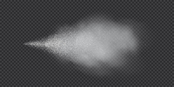 Spray splatter texture background. White droplets spreading outward into dispersed dots with smoke cloud on transparent backdrop. Dynamic aerosol flow. Minimal abstract vector illustration.