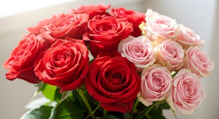 Fototapeta premium Bouquet of red and pink roses displayed in a beautiful floral arrangement