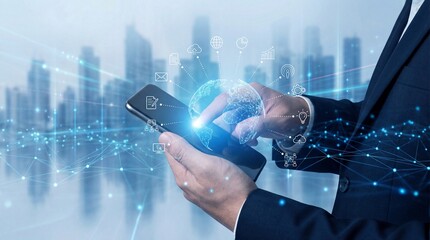Businessman Hand Touching Smartphone Screen with Global Network Connections and Cityscape Background