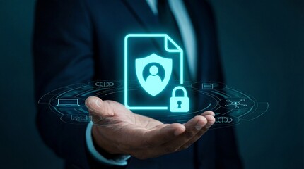 Businessman holding digital document security and data protection icons in hand