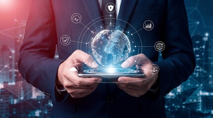 Businessman holding smartphone displaying global network and digital icons, cityscape background