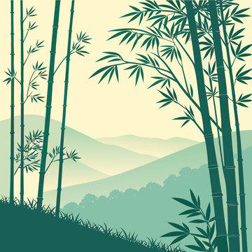 Stylized bamboo forest landscape with vertical vector lines and serene green tones, tranquil nature scene.