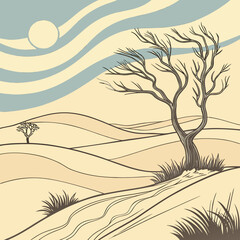 Stylized desert mirage landscape with soft, ethereal waves and a dreamy, pastel color palette, vector illustration.