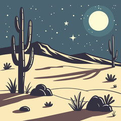 Mystical desert night landscape with a stylized star pattern and glowing celestial elements, vector illustration. © harun
