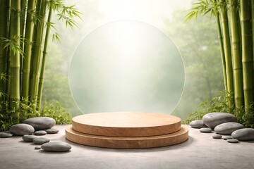 Serene wooden podium in bamboo forest with transparent sphere and stones