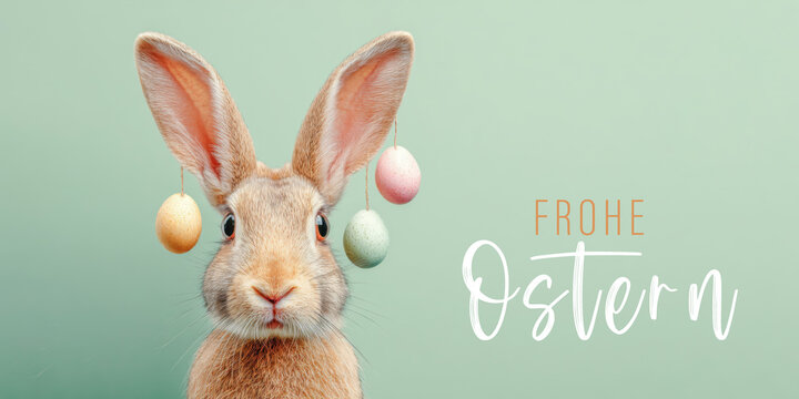 Frohe Ostern Konzept Feiertag Gru&szlig;karte, Karte mit deutschem Text - Cooler Osterhase, Hase mit Ostereier, isoliert auf blauem Hintergrund