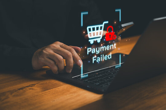 Payment failed error on laptop during online shopping. Man faces declined transaction with security lock and shopping cart icons. E-commerce business technology and credit card issues.