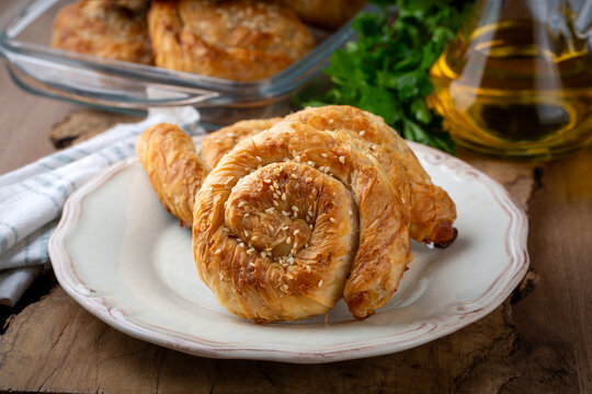 Traditional delicious Turkish phyllo stuffed with Potatoes  (Turkish name; Gul borek or gul boregi) Rose shaped pastry.