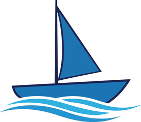 Fototapeta premium Blue sailboat with dark blue outline on stylized blue waves against white background sailing ocean