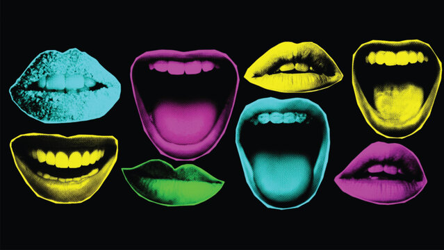 A collection of stylized mouths and tongues rendered in bright, contrasting neon colors like cyan, magenta, yellow, and green, set against a solid black background.
