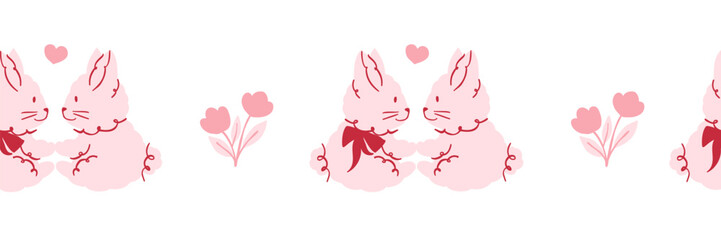 Seamless border frame with rabbits in love for Valentine's Day decor. Decorative border in soft pink tones. Vector hand drawn illustration for cards, invitations, headers, Washi tape, scrapbooking