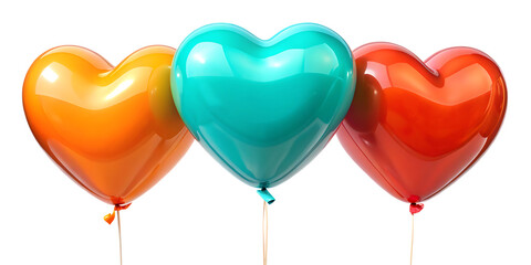 Three heart shaped balloons in orange, teal, and red on black background