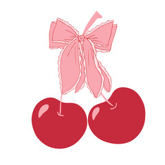 Red cherries with a vintage elegant tied bow. Isolated print for Valentine's Day, birthday, food decor. Hand drawn whimsical vector cherry illustration. Template for sticker, web, logo, postcard