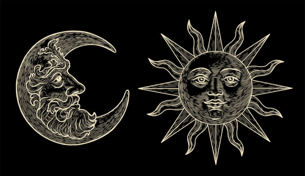 Vector illustration set of moon phases. Different stages of moonlight activity in vintage engraving style. Zodiac Signs	