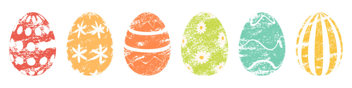 Set of Easter eggs with chalk texture and decorative patterns. Crayon vector illustration for posters, packaging, greeting cards, prints and seasonal designs.