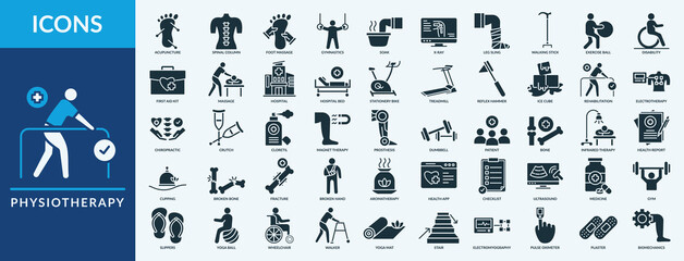 Physiotherapy - Icon Collection. Thin Glyph Solid Set contains such Icons as acupuncture,spinal column, exercise ball and more. Simple web icons set