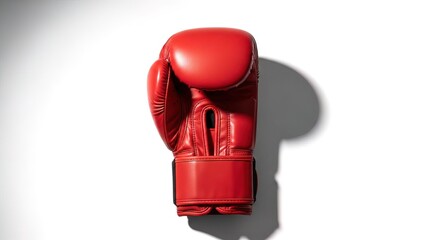 Fototapeta premium Red boxing glove ready for fight on white background minimalist