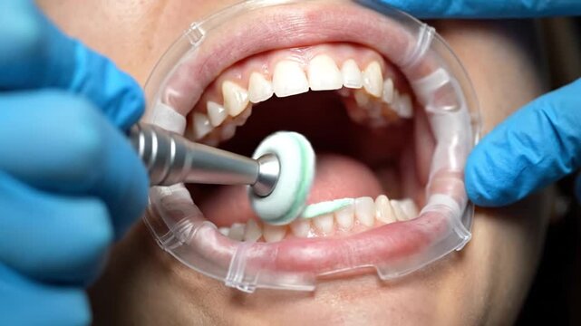 Close-up of a patient's mouth with a dental retractor during a professional teeth cleaning and polishing procedure.