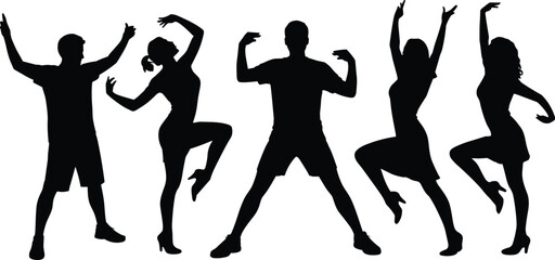 Group of dancers silhouette performing energetic moves, men and women dancing fitness workout party rhythm motion concept, black figures isolated on white background