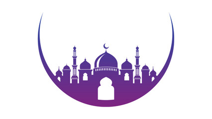 A wide silhouette of a mosque with multiple domes and minarets in various shades of purple.