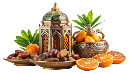 Ornate lantern with dates nuts and oranges on decorative dishes