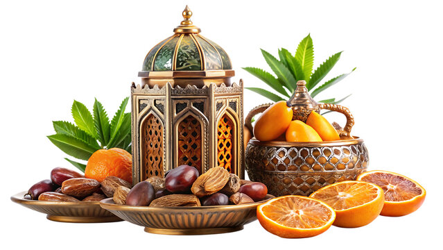 Ornate lantern with dates nuts and oranges on decorative dishes