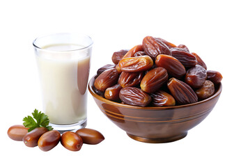Glass of milk and bowl of dates with parsley