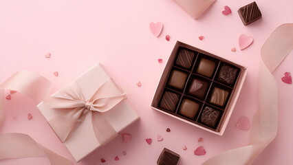 a pink gift box with chocolates inside