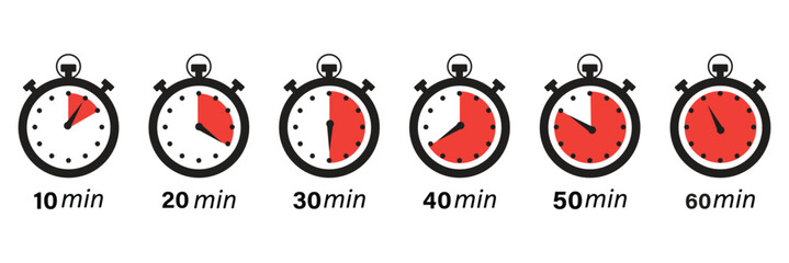 Set of ten stopwatch icons in black and multi-colored styles featuring time interval shading for productivity and fitness apps