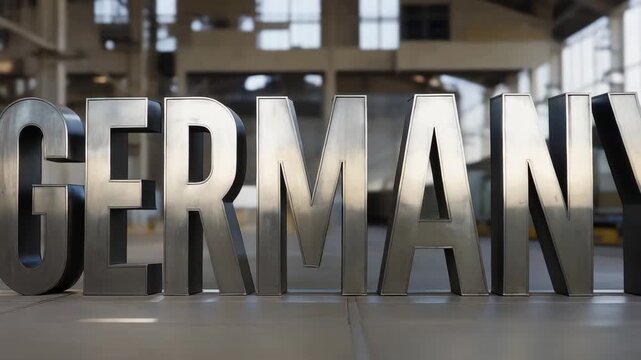 Large metal Germany lettering displayed inside industrial building