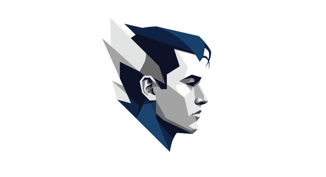 Geometric profile of a man, rendered in blue, white, and gray tones, with abstract shards