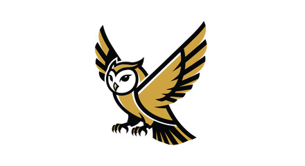Obraz premium Stylish owl swoops, ready to pounce, wings up, gold, black, and white on clean background