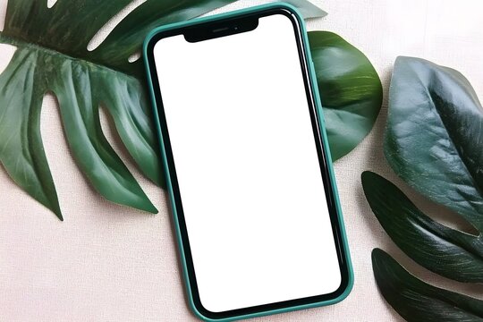 Blank Smartphone Screen Mockup with Tropical Green Leaves Flat Lay