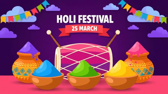 Holi festival drum color powder Gulal Matka vector animation background