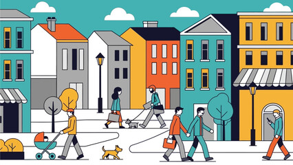 People walking dogs and strolling in a vibrant 139e5d4b-281a-42af-b721-4db60dc47b31.ai cityscape with diverse buildings and a lively atmosphere