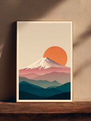 A framed picture shows a portrait of mountain with the sun shining above it