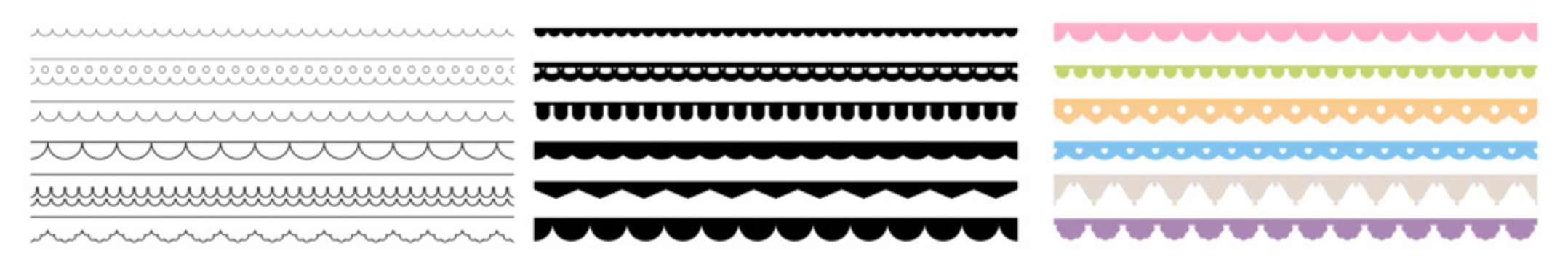 Scalloped edge seamless shapes vector set. Simple scalloped border illustrator pattern brush