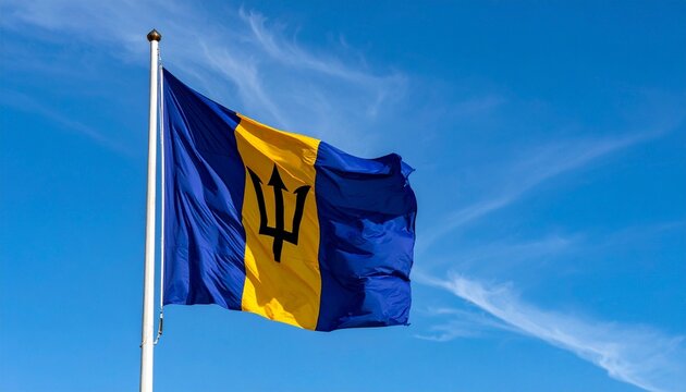 Barbados Flag with Trident Waving Against Blue Sky