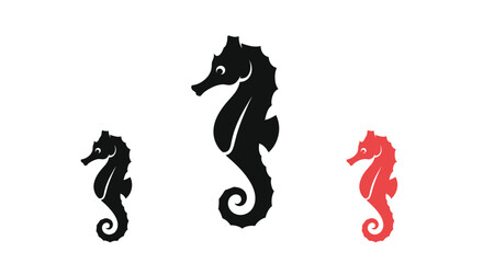 Fototapeta premium Three seahorse outlines in black and red, varying in size, on white background