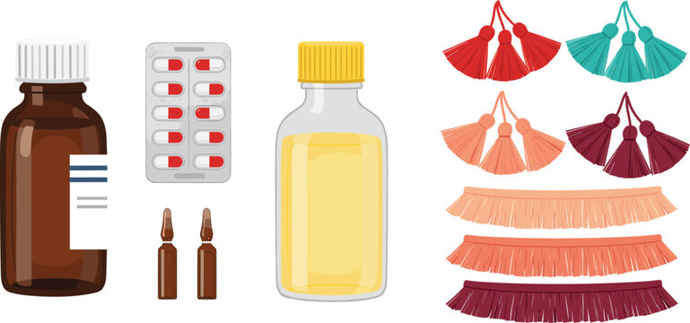 Medical packaging and fashion accessory vector set with medicine bottles, pills, ampoules and colorful tassel earrings isolated on white background for design use