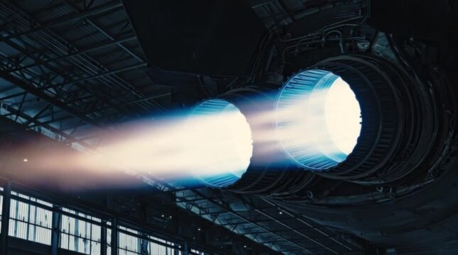 A rocket engine emits a fiery afterburner flame in a dark industrial setting.