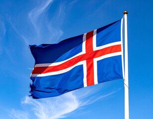 Icelandic Flag Flying Against Clear Blue Sky