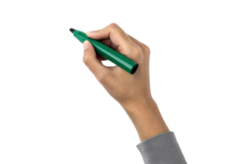 Hand holding green marker pen ready to write draw, isolated on a transparent background