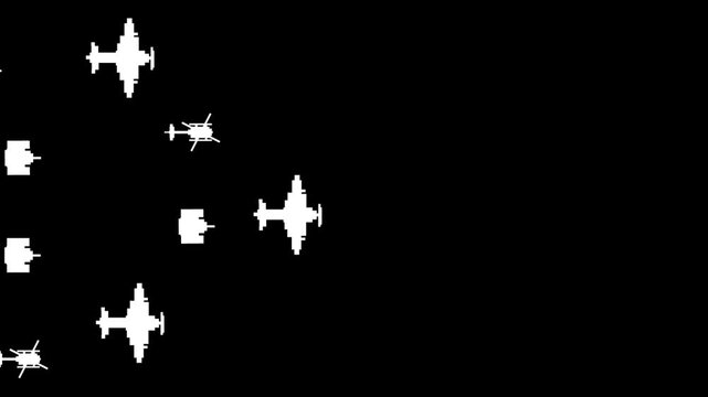 Animated video in old pixel art style of various planes, helicopters, and tanks in black and white passing over, pixel, animation, 2D.