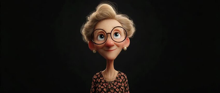 Cute 3D cartoon senior woman character wearing round glasses and floral dress smiling, friendly grandmother mascot concept
