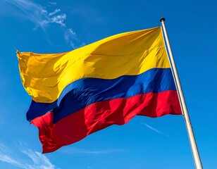 Colombian Flag Waving Against Bright Blue Sky