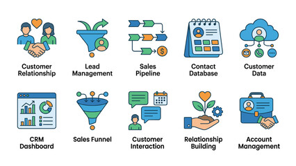 CRM icons set. Customer relationship management symbols. Sales pipeline funnel lead data analysis. Contact database interaction. Account building strategy. Corporate marketing vector