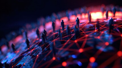 Abstract digital network with glowing red-blue nodes and silhouettes of people on a luminous lattice. In depth